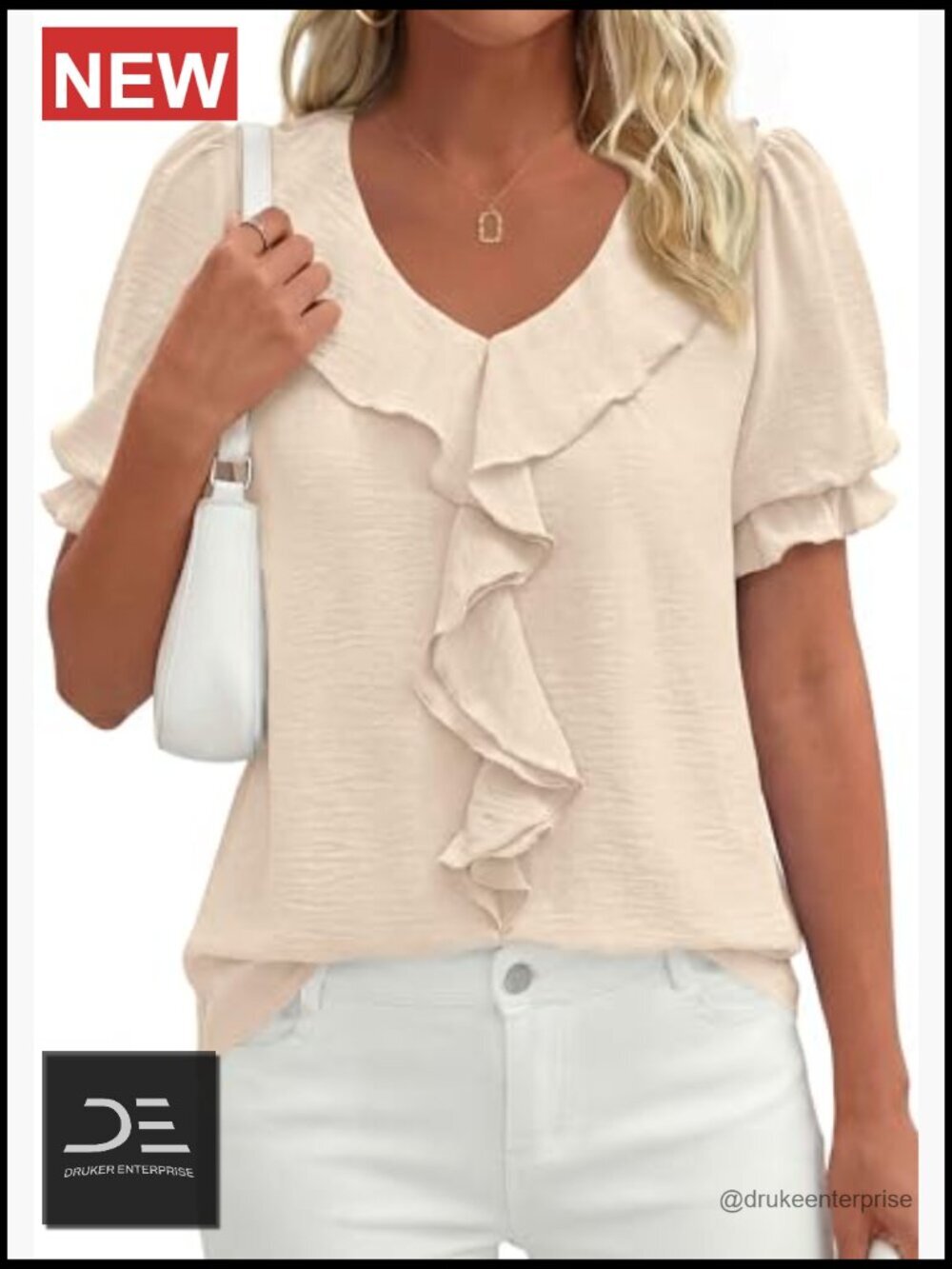 V Neck Ruffle Top, Puff Sleeve Blouse, Short Sleeve, Lightweight - Picture 5 of 7
